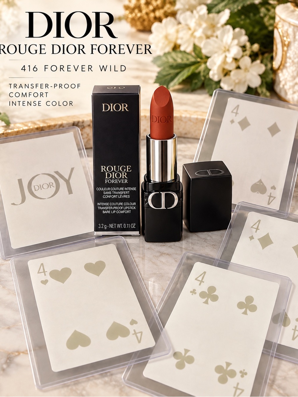 Dior Rouge Dior Forever Lipstick — 416 Forever Wild w/ 4x Dior Joy ❤️♠️♦️♣️ 4s